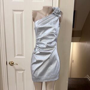 VTG Jessica McClintock Silver one shoulder mini Dress, sz 12